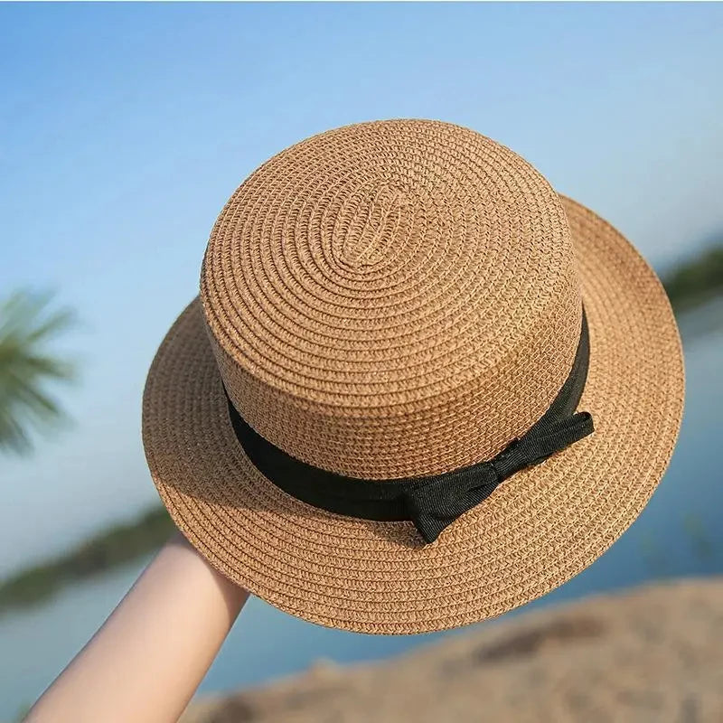 Women's Straw Boater Hat with Bow – Sun Protection Beach Hat