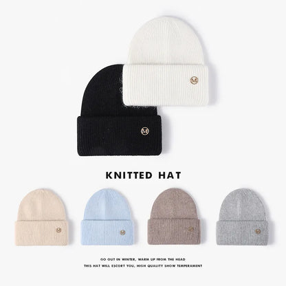 Women's Rabbit Fur Knit Beanie – Warm Solid Color Winter Hat