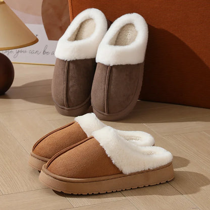 Women S Plush Slippers Winter Outdoor Thick Sole Non-Slip Fur Flip Flops Collar Warm Unisex House