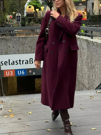 Women's Double-Breasted Wool Blend Coat – Long Lapel Jacket