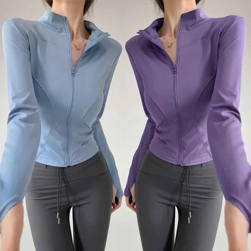 Women's Slim-Fit Zip-Up Yoga Jacket – Long Sleeve Athletic Running Coat