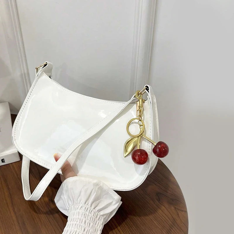PU Leather Shoulder Bag with Cherry Pendant – Women's Casual Handbag