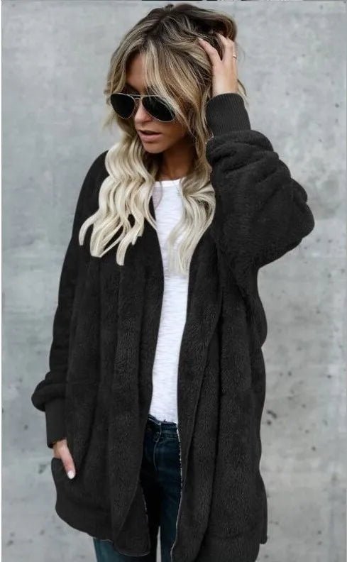 Women's Fleece Hooded Cardigan Coat – Warm Plush Jacket