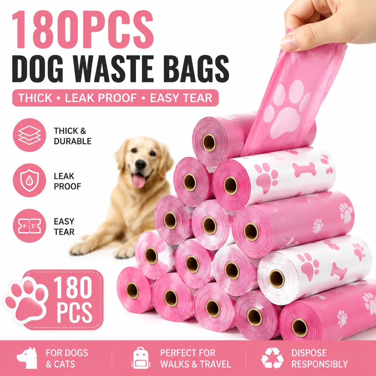 Dog Poop Bags – Thick Leakproof Pet Waste Bags, 3/6/10 Rolls