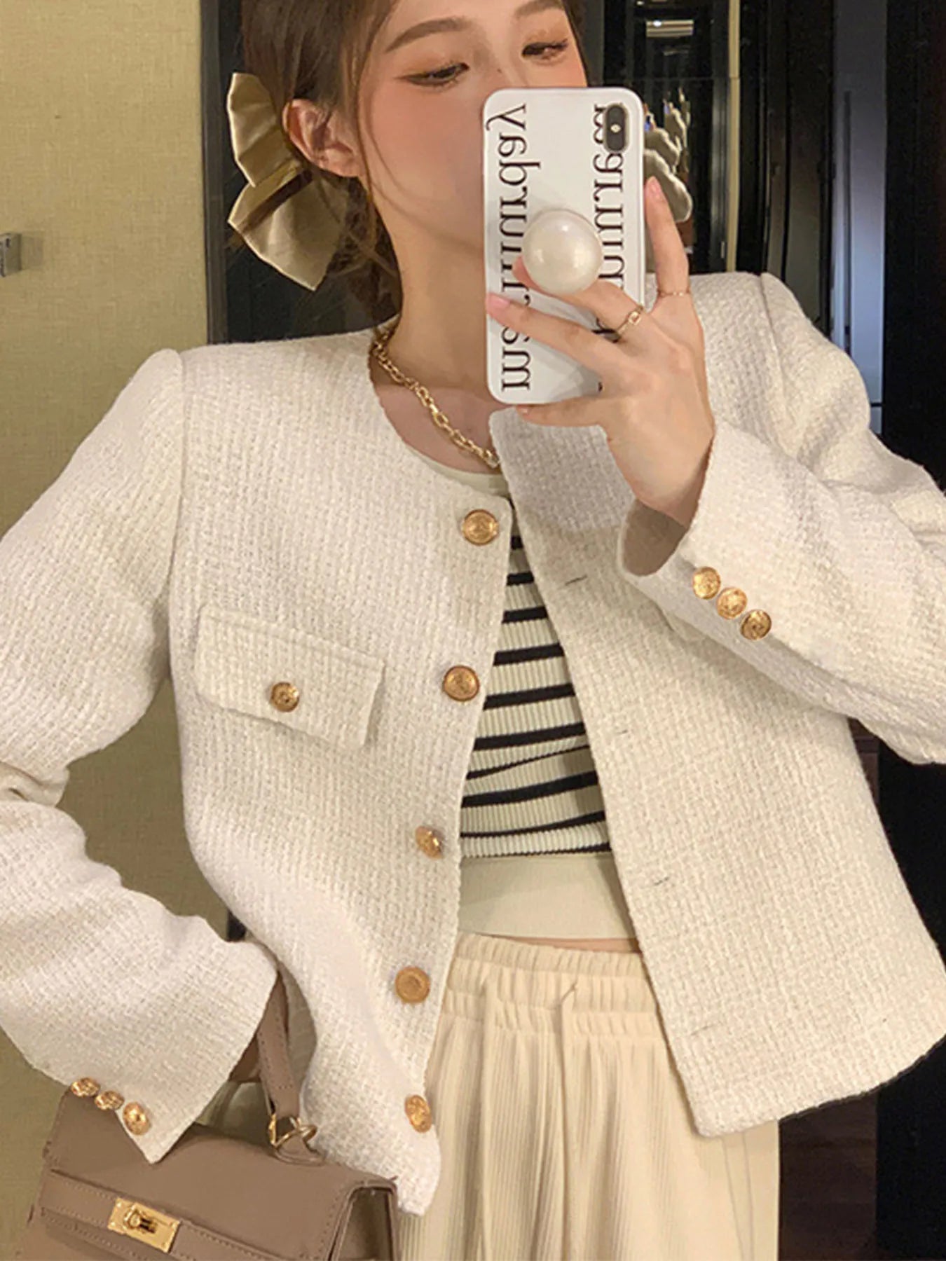 Women's Wool Tweed Short Coat – Gold Button Slim French Style