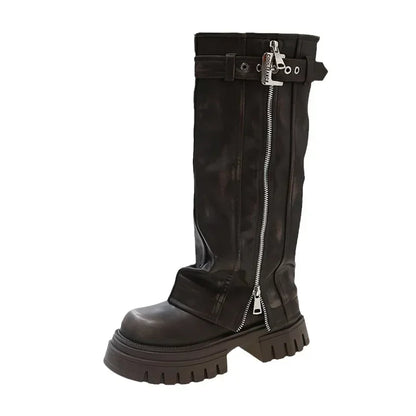 Women's Platform Knee-High Biker Boots with Belt Buckle