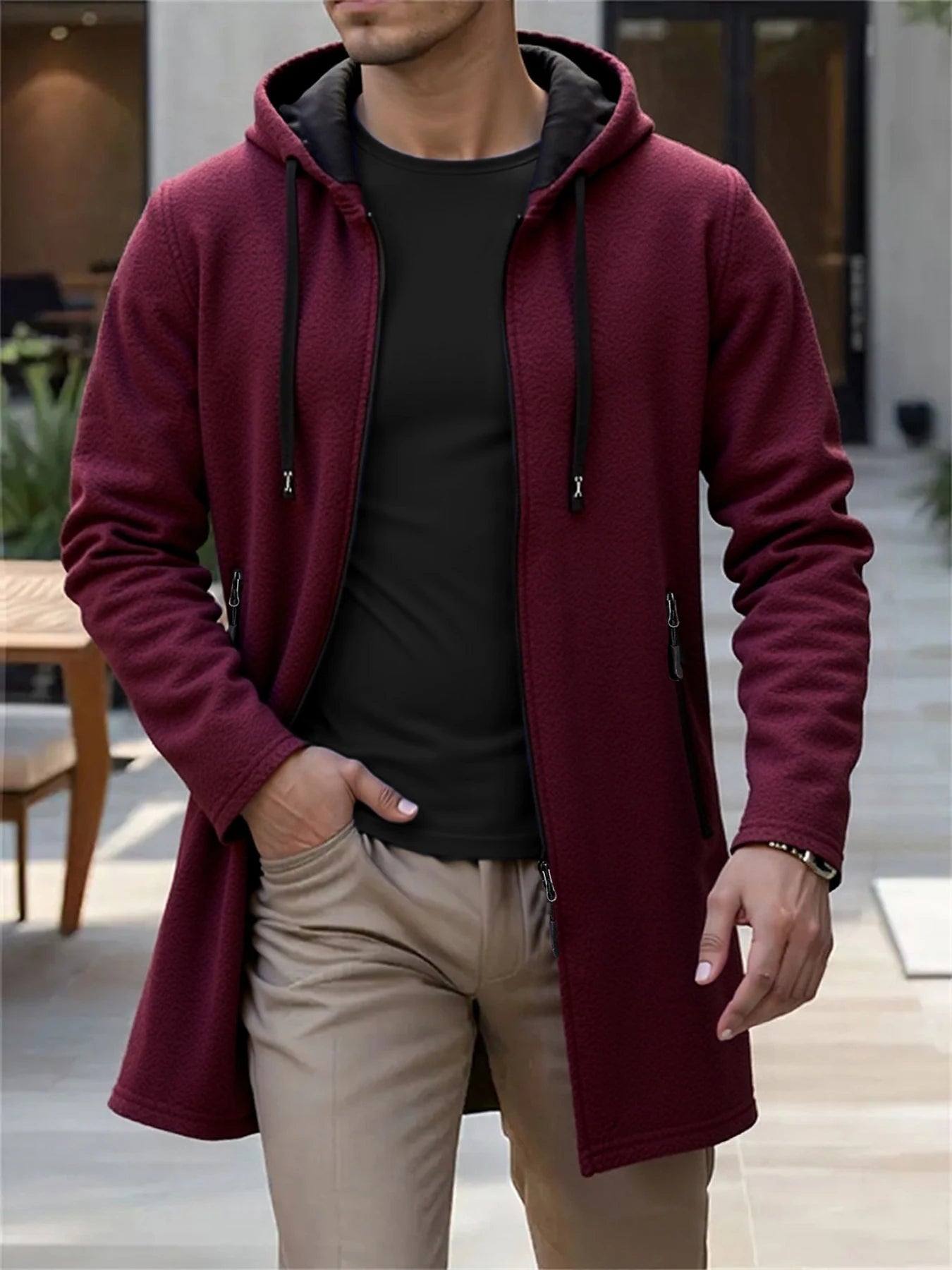 Men's Hooded Knit Cardigan Long Jacket – Casual Zip-Up Coat