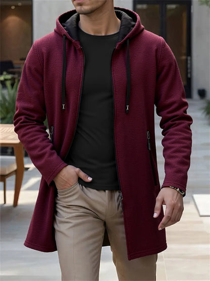 Men's Hooded Knit Cardigan Long Jacket – Casual Zip-Up Coat