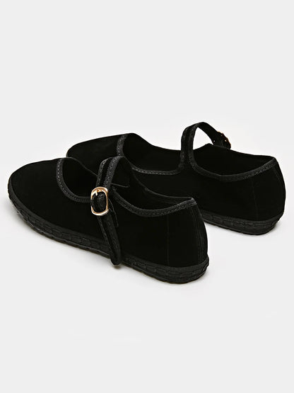 Velvet Mary Jane Flats – Women's Buckle Strap Ballet Shoes
