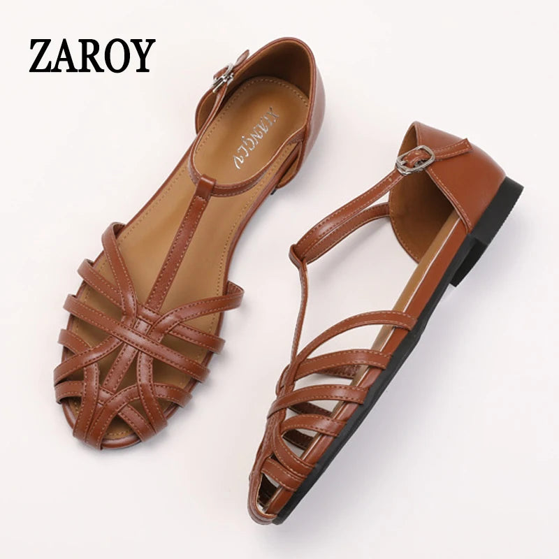 Women's Flat Roman Sandals – Woven Cage Cross Strap