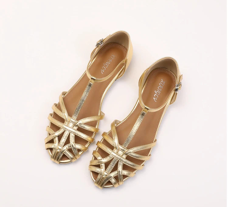 Women's Flat Roman Sandals – Woven Cage Cross Strap