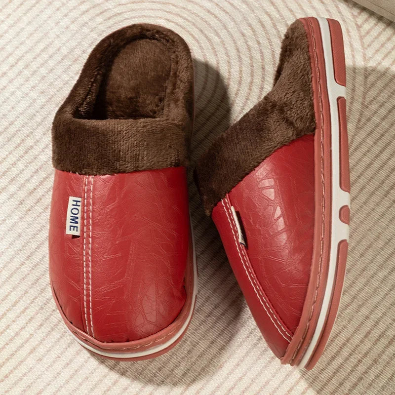 Pu Leather Plus Size Women S Slippers Indoor Waterproof Fur Flat Shoes Men Winter Home Cotton