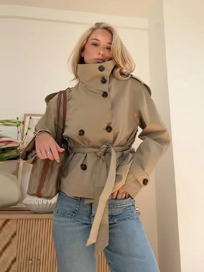 Cropped Trench Coat for Women – Belted Double Breasted