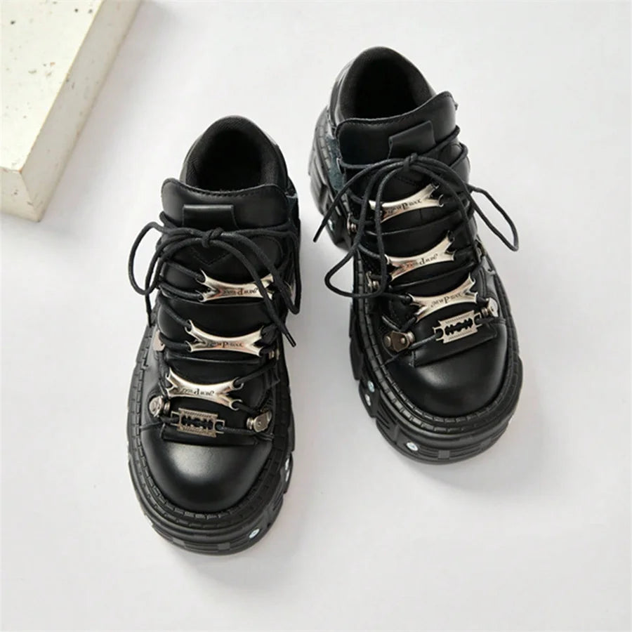 Punk Gothic Platform Ankle Sneakers – Metal Hardware Lace-Up