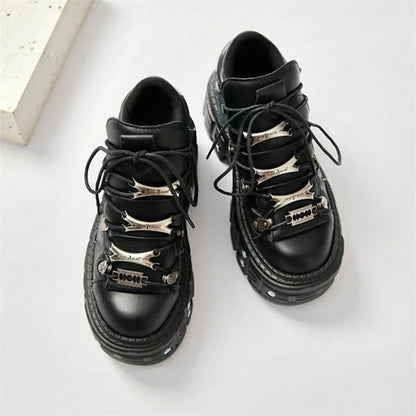 Punk Gothic Platform Ankle Sneakers – Metal Hardware Lace-Up