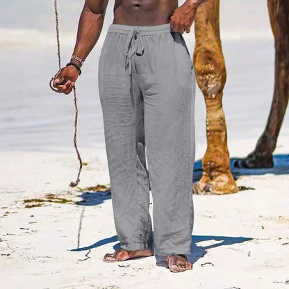 Men's Cotton Linen Drawstring Pants Casual Breathable Summer Trousers