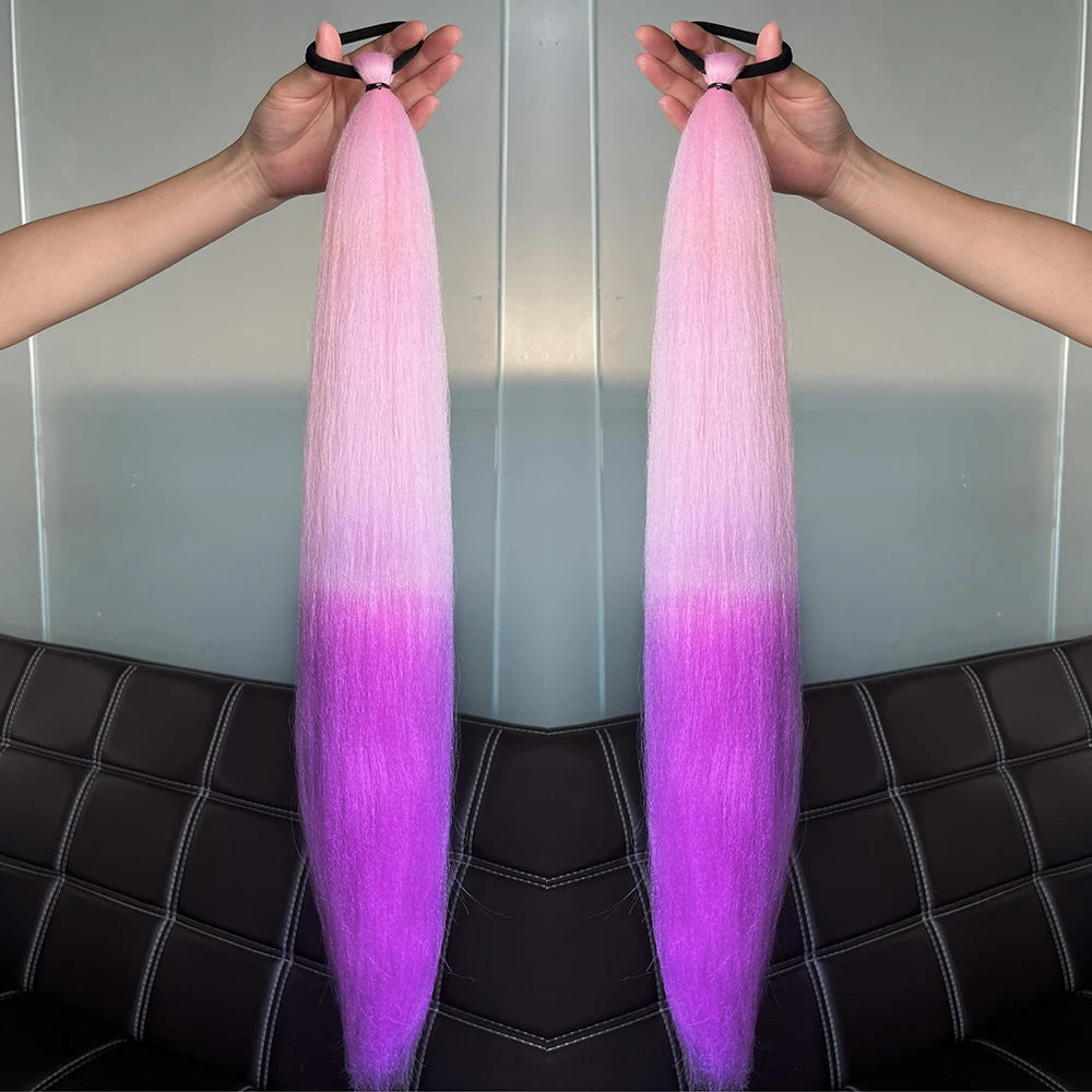 Synthetic Colorful Ponytail Extension 2pcs Long Straight Diy Braided Pony Tail Hairpiece Rubber Band