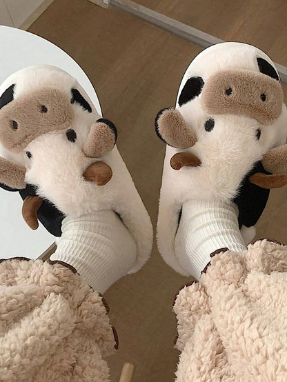 Cow Pattern Plush Slippers Winter Warm Non-Slip Cozy Cute Home Couples Men