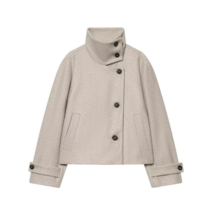 Women's Stand Collar Button Wool Blend Short Coat – Loose Casual Winter Jacket