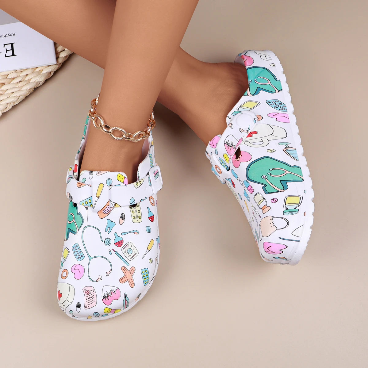 Cartoon Print Nurse Clogs Women – Non-Slip Closed Toe