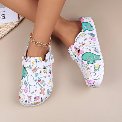 Cartoon Print Nurse Clogs Women – Non-Slip Closed Toe