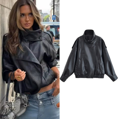 Women's Faux Leather Motorcycle Jacket Long Sleeve