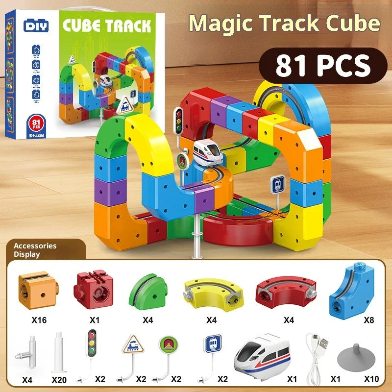 Magnetic Cube Track Train Set – DIY Electric Railway Building Toy