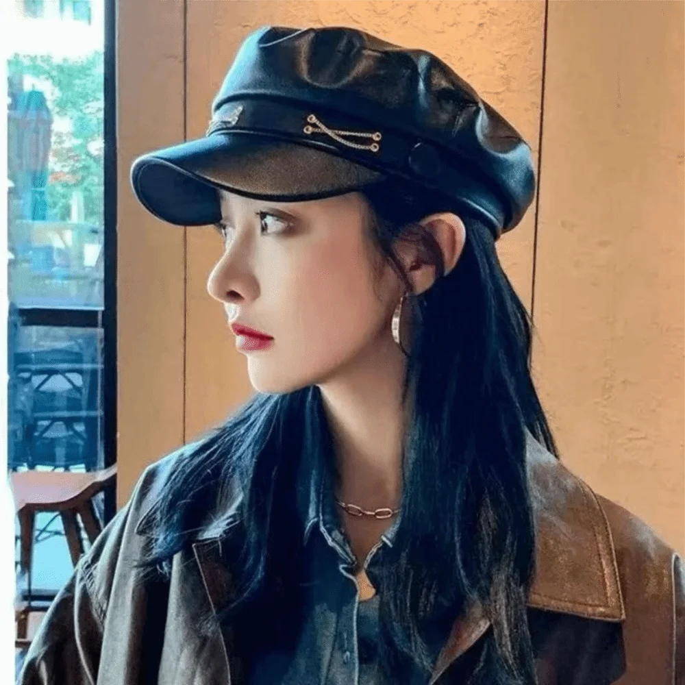 PU Leather Military Cap – Flat Top Sailor Beret with Chain Detail