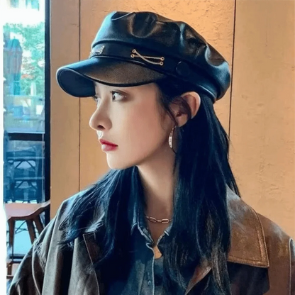 PU Leather Military Cap – Flat Top Sailor Beret with Chain Detail