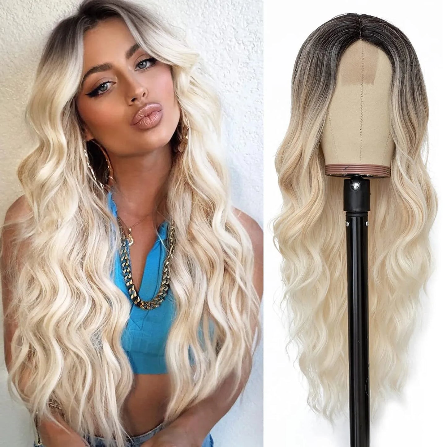 Long Wavy Synthetic Lace Wig – 26 Inch Middle Part, Heat Resistant