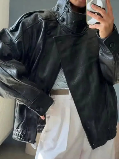 Women's Oversized Faux Leather Moto Jacket