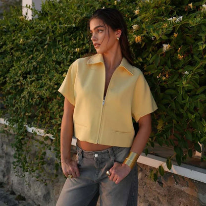 Women's Cropped Short Sleeve Zip-Up Jacket – Summer Varsity Coat
