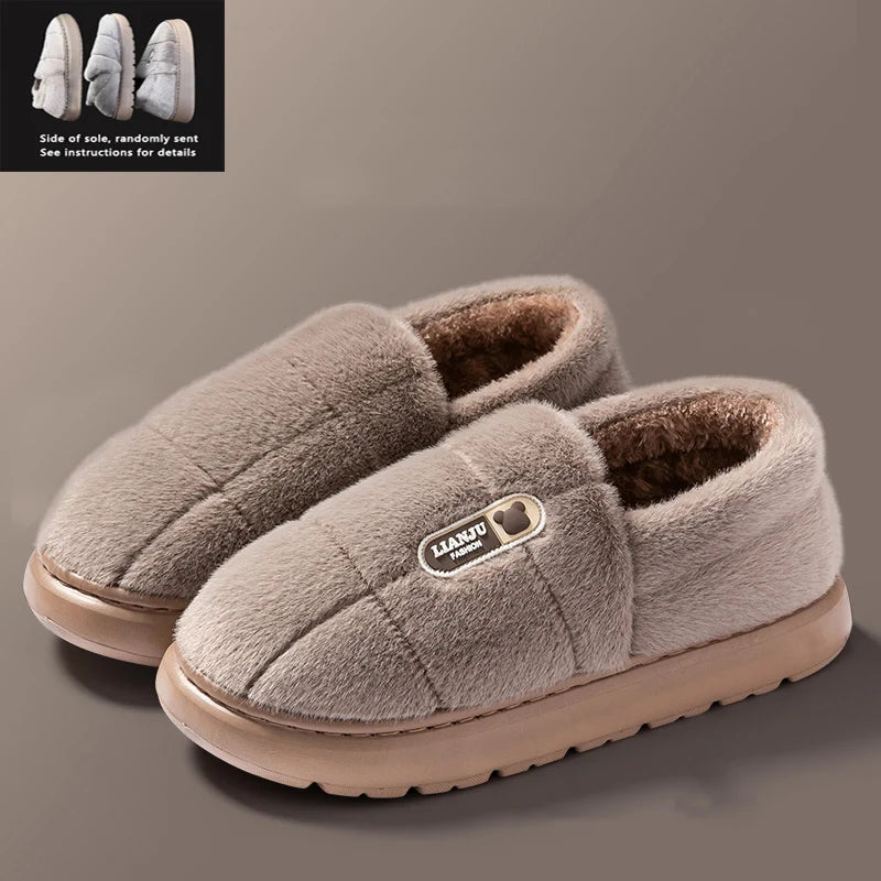 Men S Slippers Winter Solid Color Wrap Heels Plush Non-Slip Warm Women Home Casual Cotton Shoes Big
