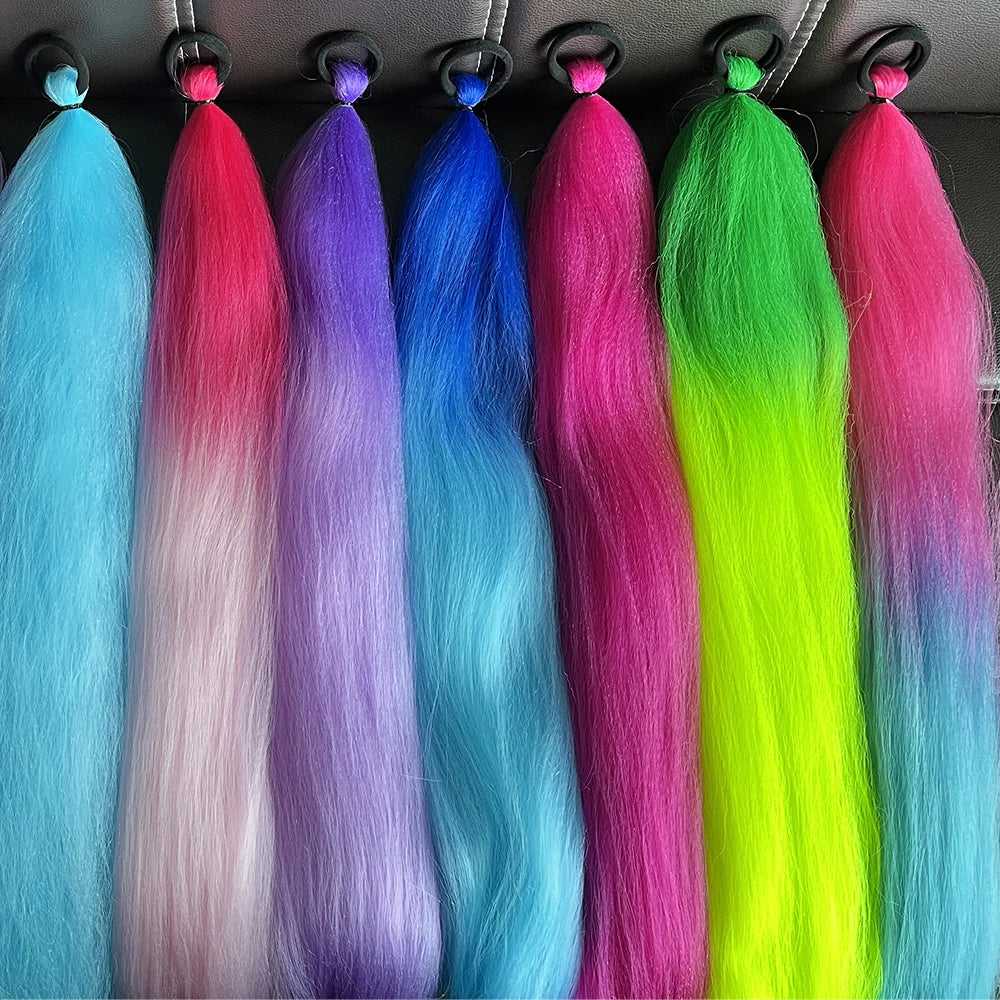 Synthetic Colorful Ponytail Extension 2pcs Long Straight Diy Braided Pony Tail Hairpiece Rubber Band