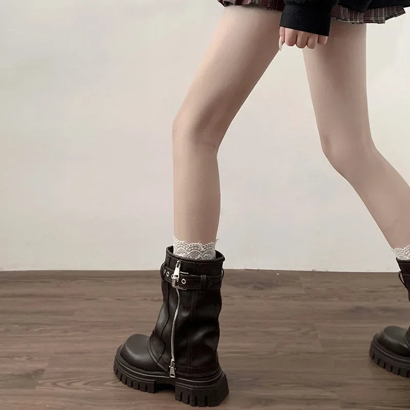 Women's Platform Biker Boots – Buckle Strap Mid-Calf Booties