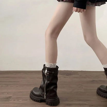 Women's Platform Biker Boots – Buckle Strap Mid-Calf Booties