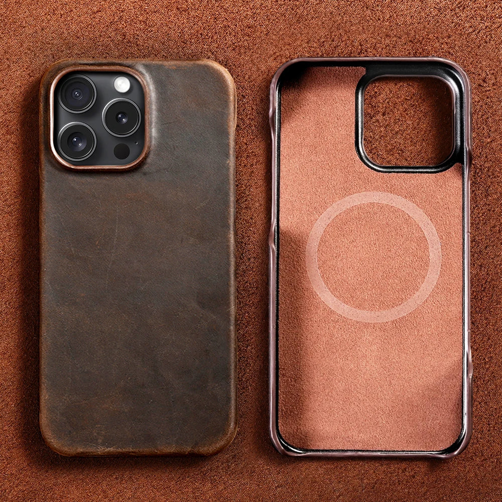 Langsidi Magsafe Case Iphone 15 16 Pro Max Retro Luxury Full Grain Cowhide Genuine Oiled Pull-Up