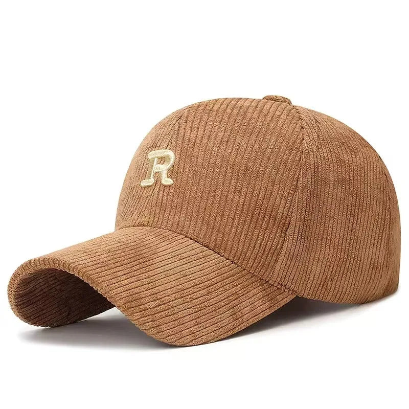 Corduroy Baseball Cap with 3D R Letter Embroidery – Adjustable Unisex Hat