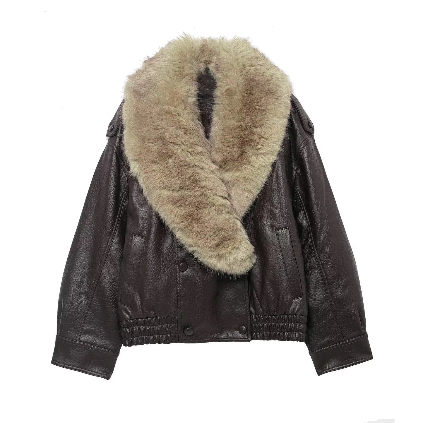 Faux Leather Jacket Women – Oversized Winter Coat with Detachable Fur Collar