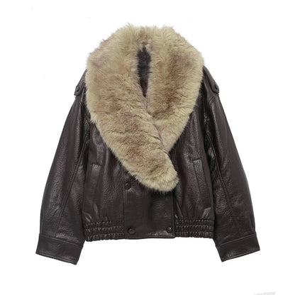 Faux Leather Jacket Women – Oversized Winter Coat with Detachable Fur Collar