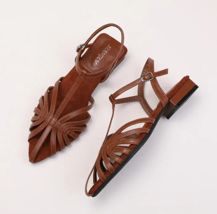 Women's Roman Strappy Sandals – Pointed Toe Low Heel T-Strap