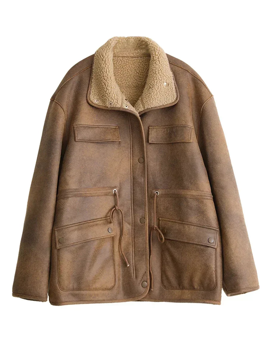 Women's Reversible Suede Sherpa Jacket – Warm Oversized Coat