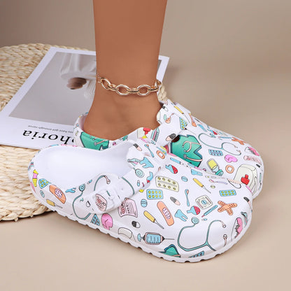Cartoon Print Nurse Clogs Women – Non-Slip Closed Toe