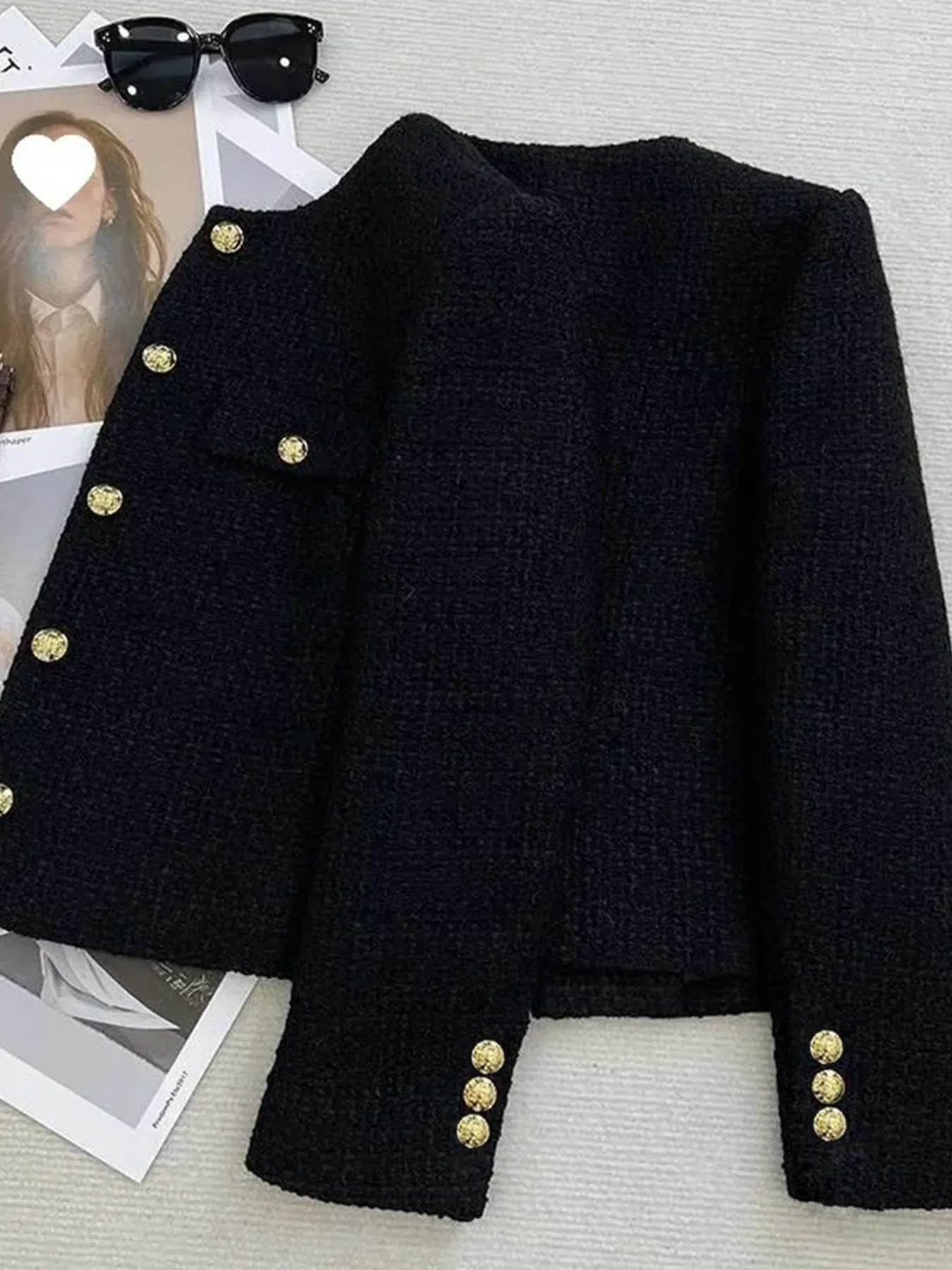 Women's Wool Tweed Short Coat – Gold Button Slim French Style