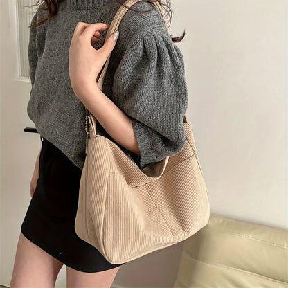 Women's Corduroy Shoulder Tote Bag – Large Capacity with Cute Patch