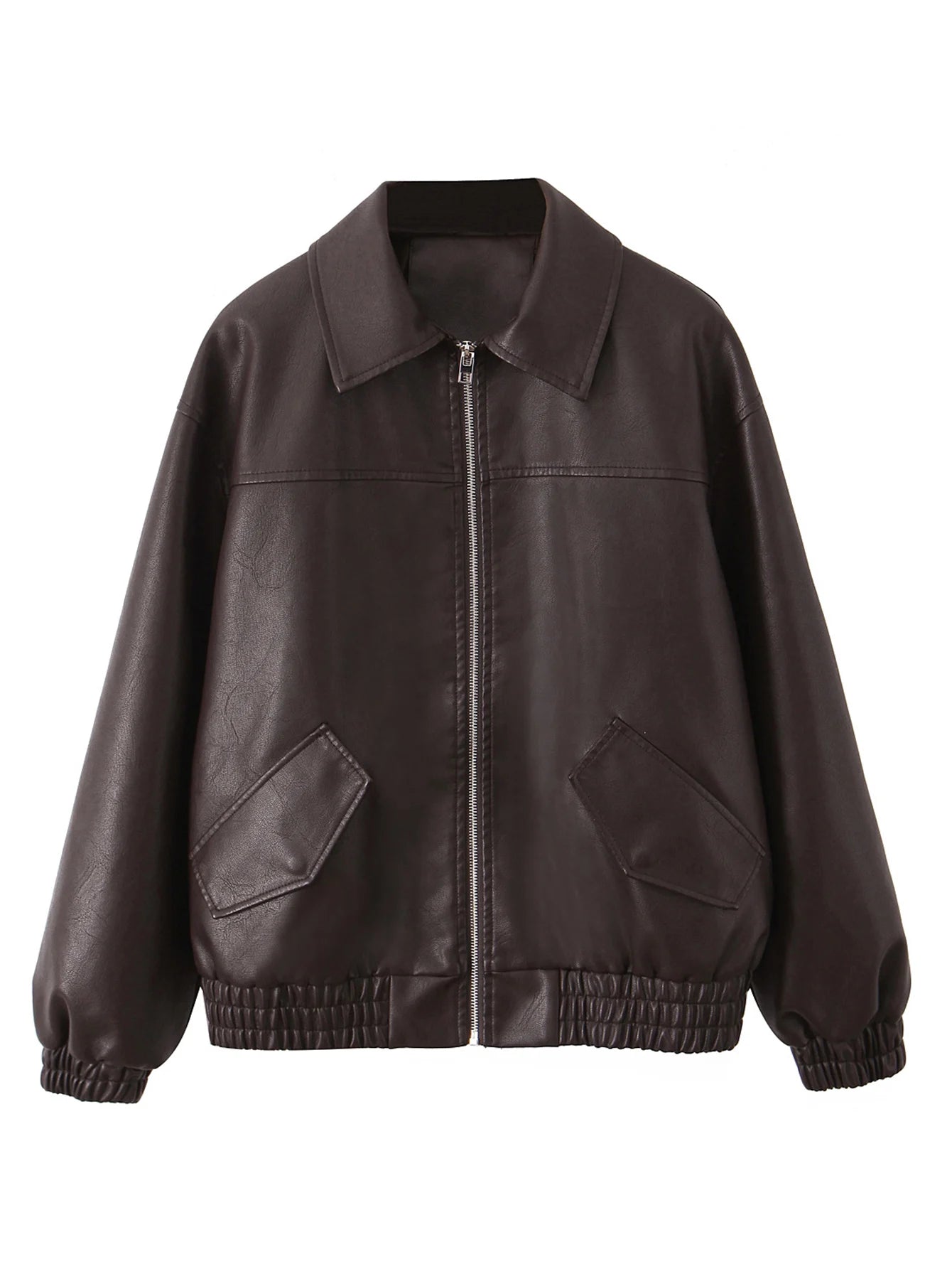 Women's Oversized Faux Leather Zip Jacket – Retro Streetwear Coat
