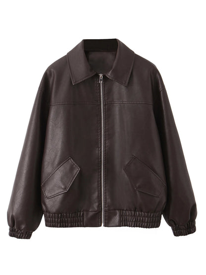 Women's Oversized Faux Leather Zip Jacket – Retro Streetwear Coat