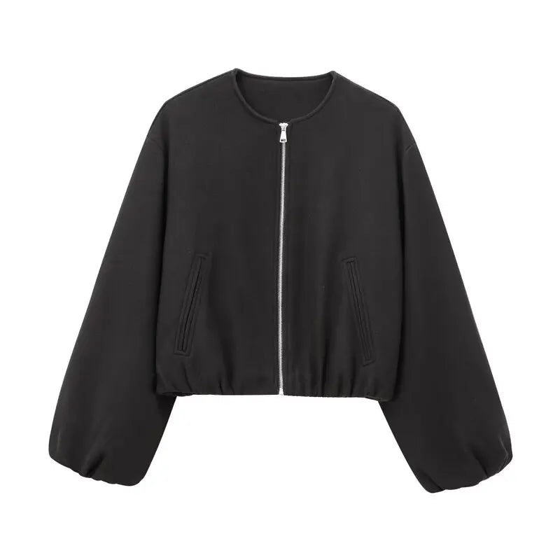 Women's Loose Cropped Bomber Jacket – Zip-Up Long Sleeve Coat