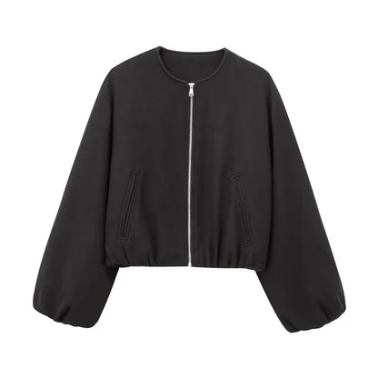 Women's Loose Cropped Bomber Jacket – Zip-Up Long Sleeve Coat