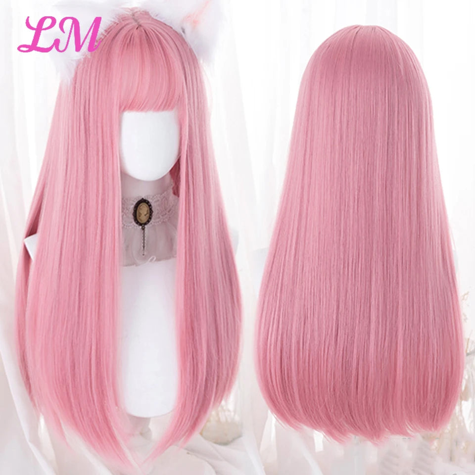 Lm Cosplay Wig Bangs Synthetic Straight Hair 24 Inch Long Heat-Resistant Pink Women